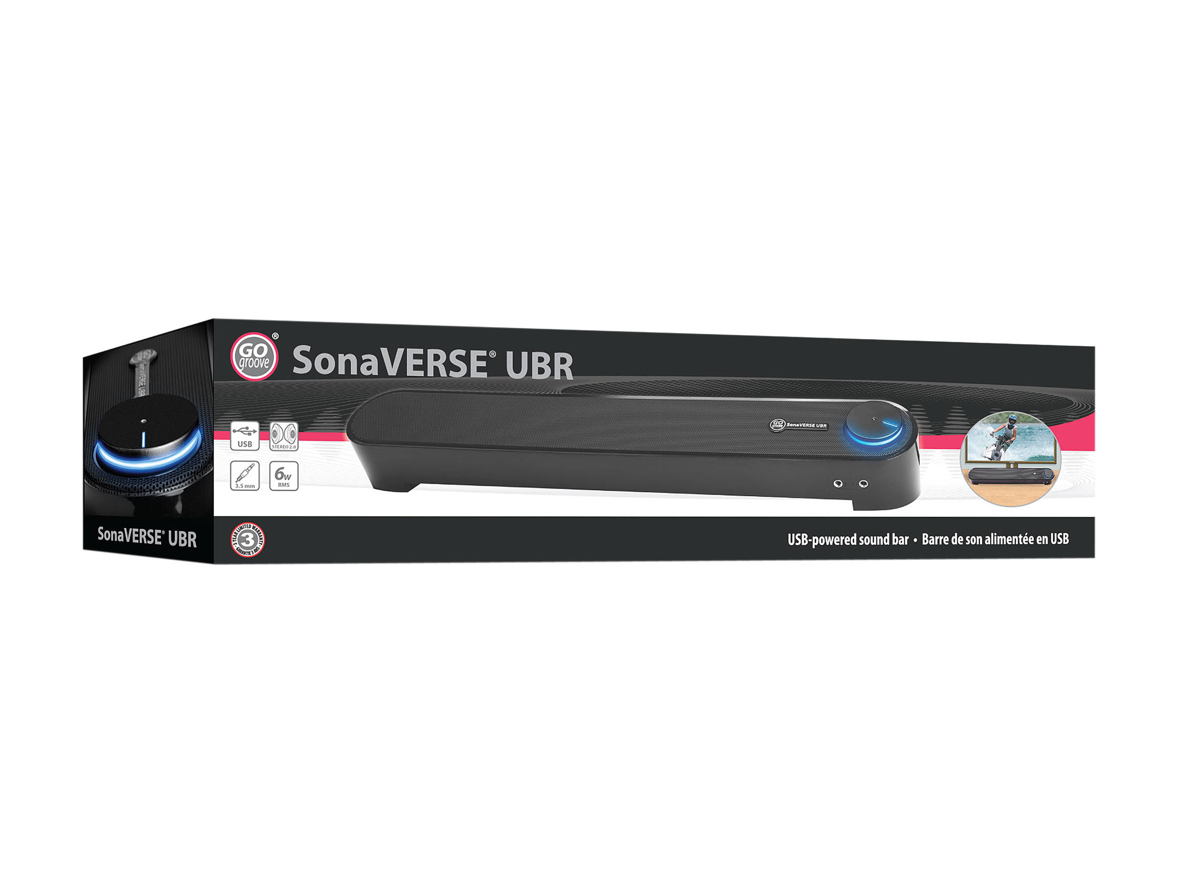 Desktop Computer Sound Bar Speaker w/ Easy Access Headphone & Mic Jacks by GOgroove - SonaVERSE UBR (Blackout) - USB Powered, LED accents, Compact 16.5" Length, Angled Design - Ideal for Small Desks