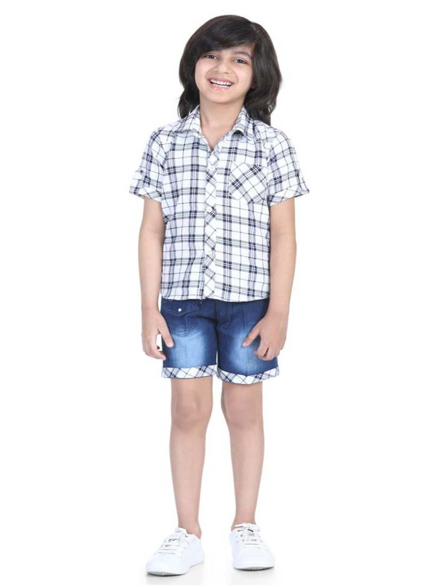 AJ Dezines Kids White & Blue Chequered Shirt Set