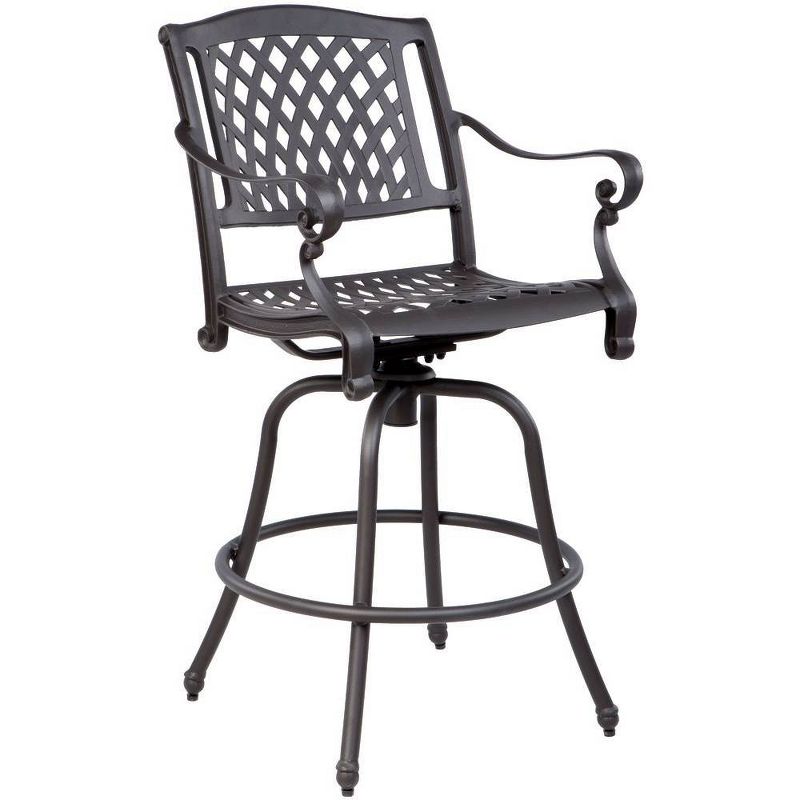 Westbury 5pc Cast Aluminum Dining Set with Umbrella Hole Round Bar Table & 4 Bar Swivel Arm Chairs - Alfresco Home