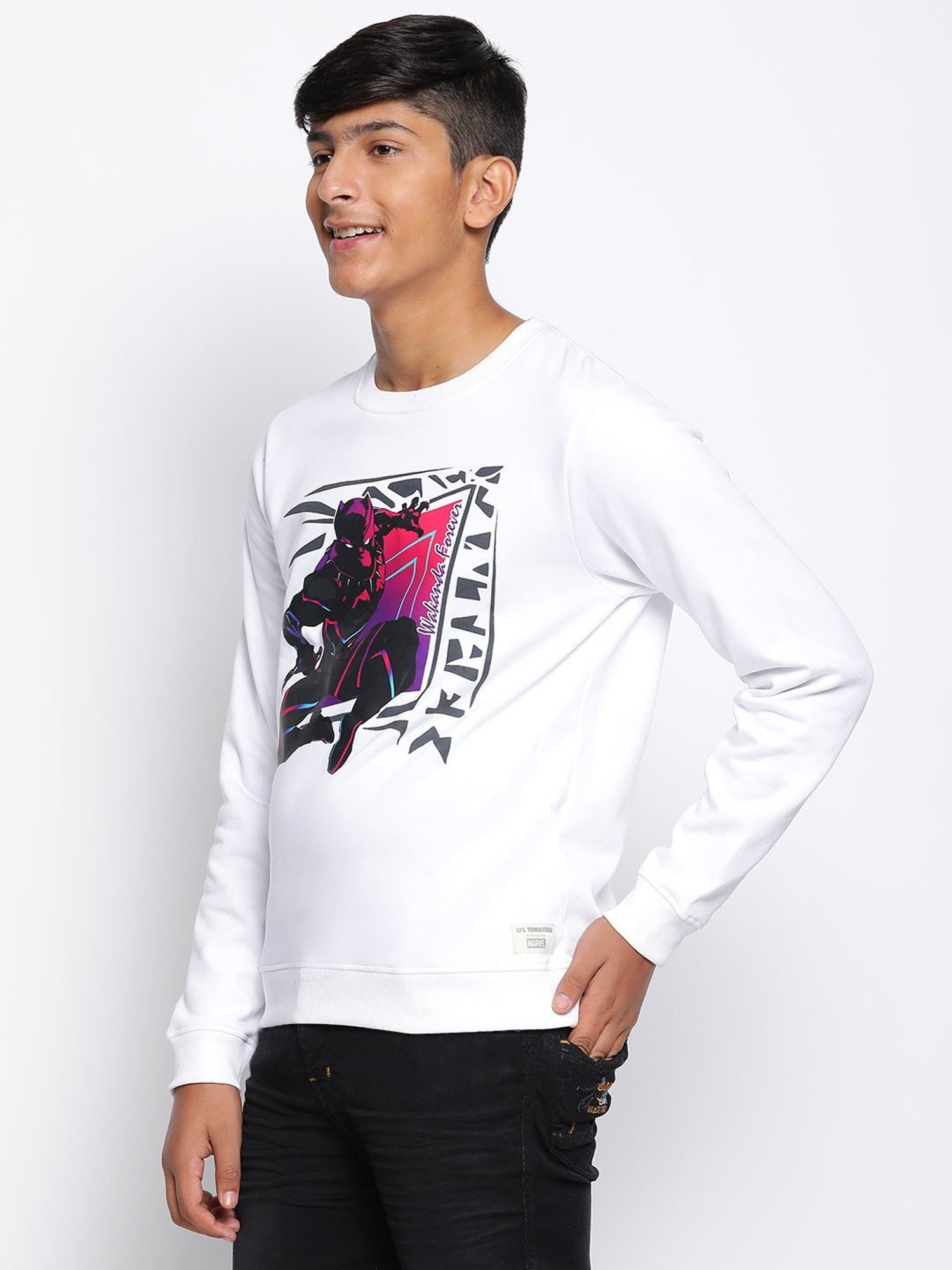 Lil Tomatoes Kids White Black Panther Print Full Sleeves Sweatshirt