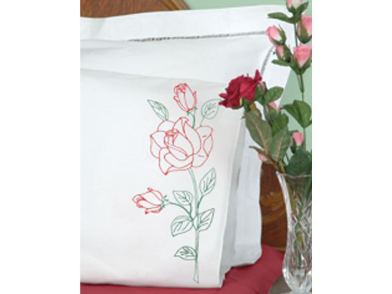 Jack Dempsey Stamped Pillowcases W/White Perle Edge 2/Pkg-Long Stem Rose