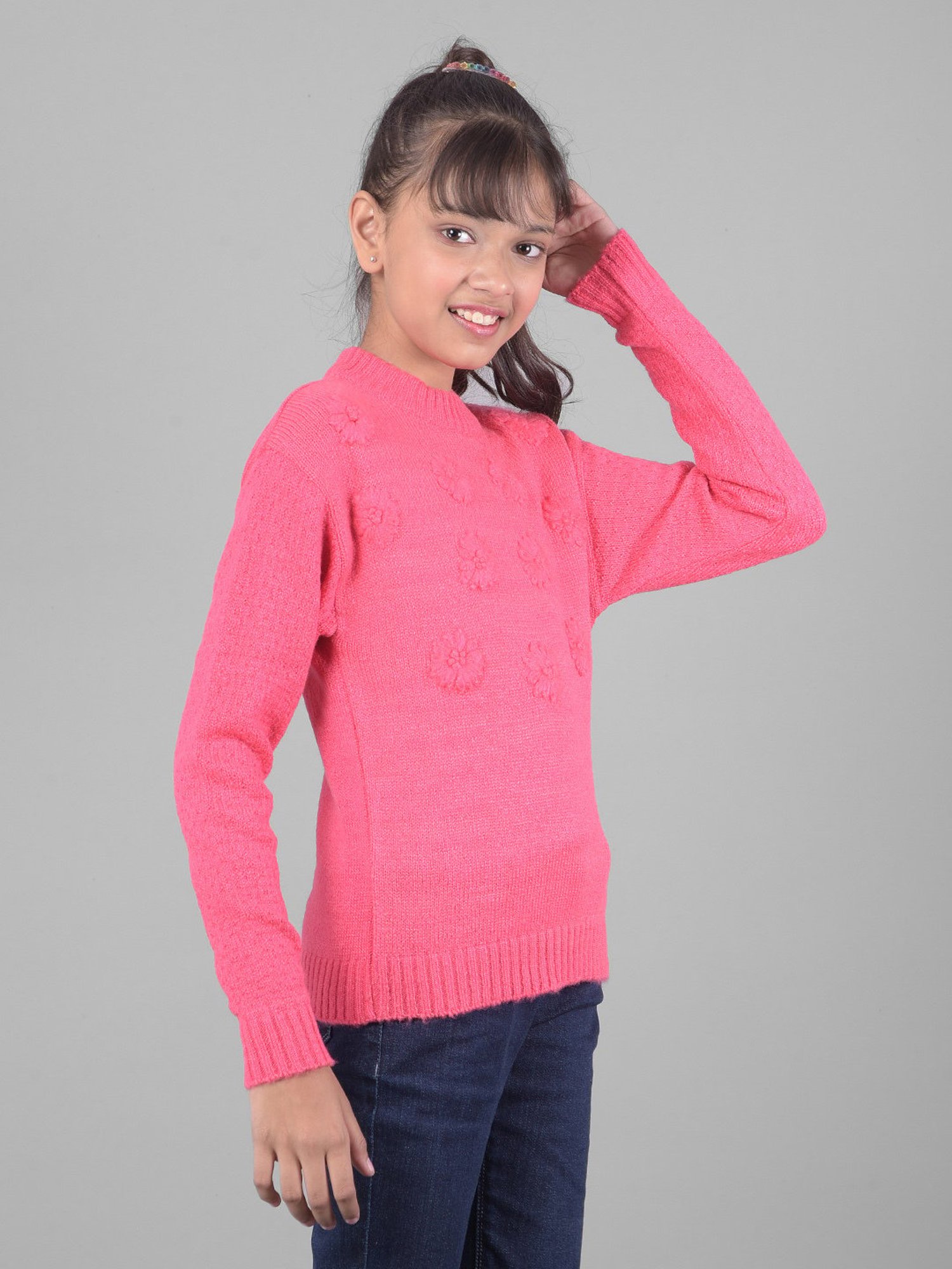 Crimsoune Club Kids Pink Self Design Full Sleeves Sweater