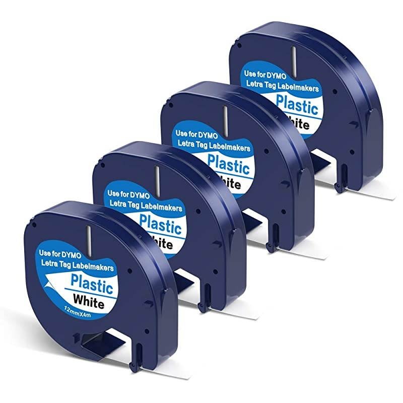 Compatible Label Tape 4 Pack Replace Dymo LetraTag Refills 91201 91221 59422 S0721610 Plastic Tape Black on White for Dymo Label Makers LetraTag Plus LT100H LT100T QX50 12 Inch x 13 Feet