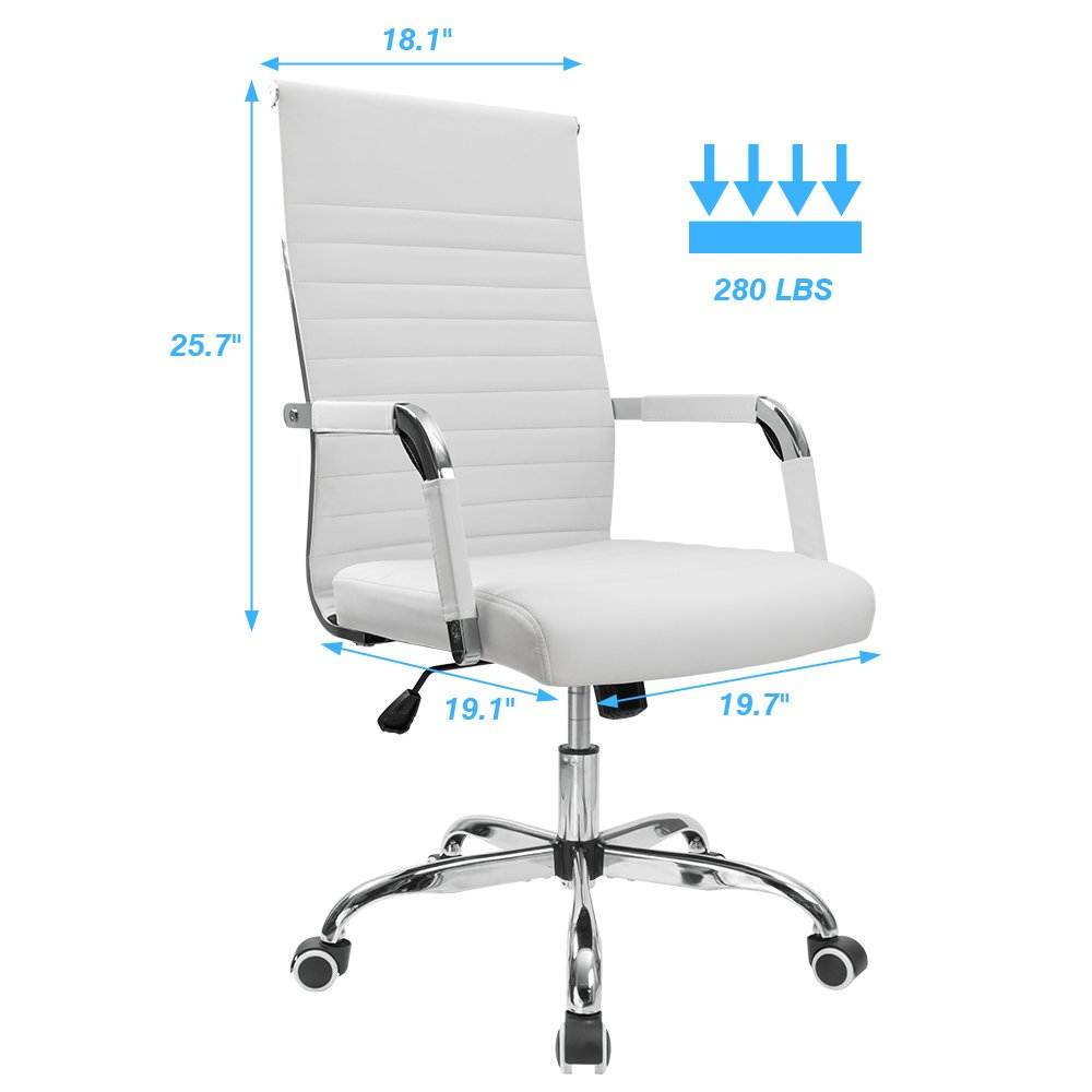Furmax Ribbed Office Desk Chair Mid-Back PU Leather Executive Conference Task Chair Adjustable Swivel Chair with Arms (White)