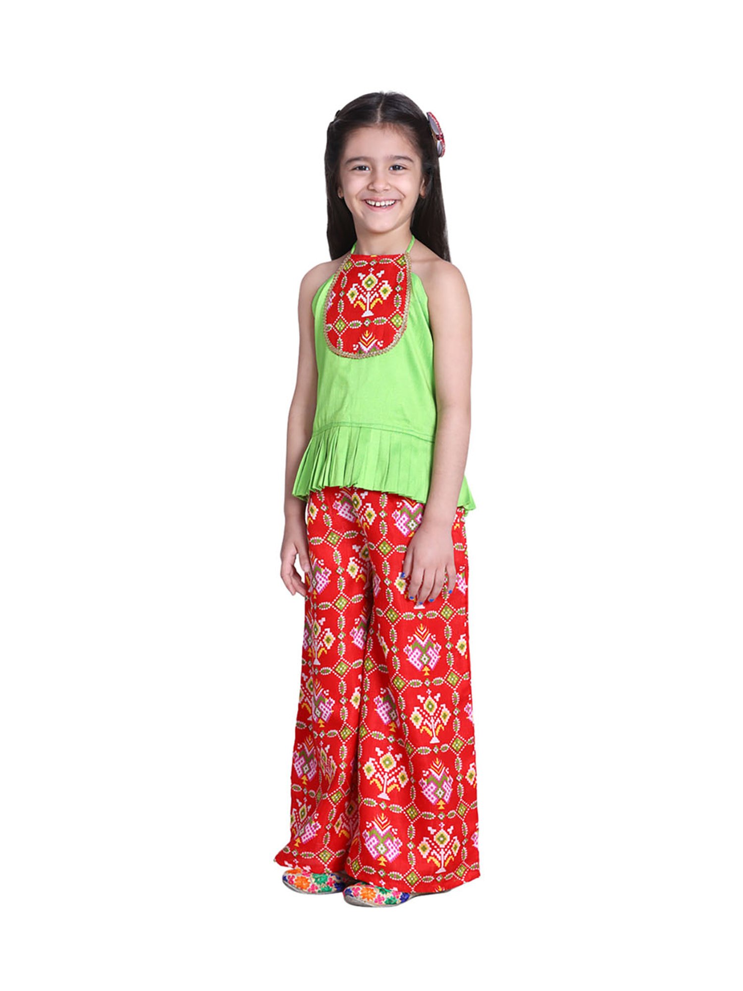 BownBee Kids Red & Green Printed Patola with Palazzo