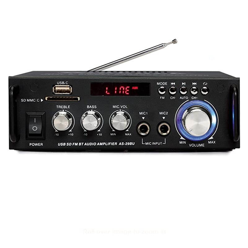 Karaoke Wireless Bluetooth Stereo Amplifier System 180W Dual Channel Sound Power Audio Receiver wUSB SD Card FM Radio 2 Mics in for Home Theater Speakers with Remote ControlAS29BU