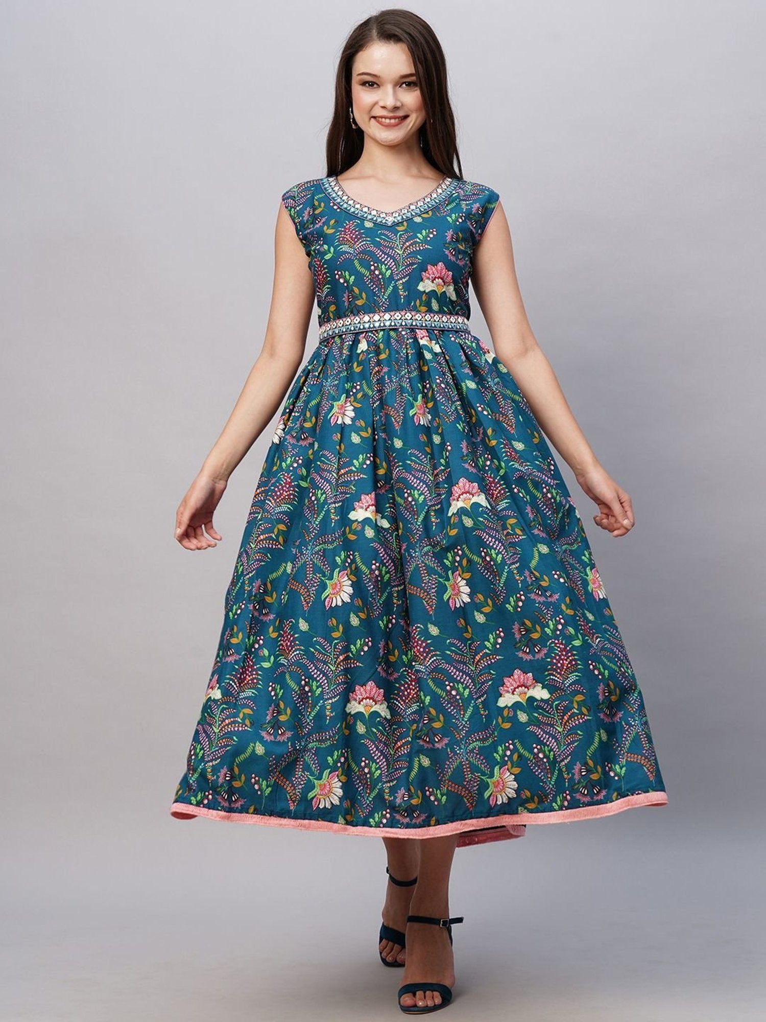 KIANA Blue Cotton Printed Maxi Dress