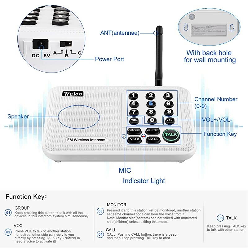 Intercoms Wireless for Home 5280 Feet Range 10 Channel 3 Code Wireless Intercom System for Home House Business Office Room to Room Intercom Home Communication System 4 Packs White