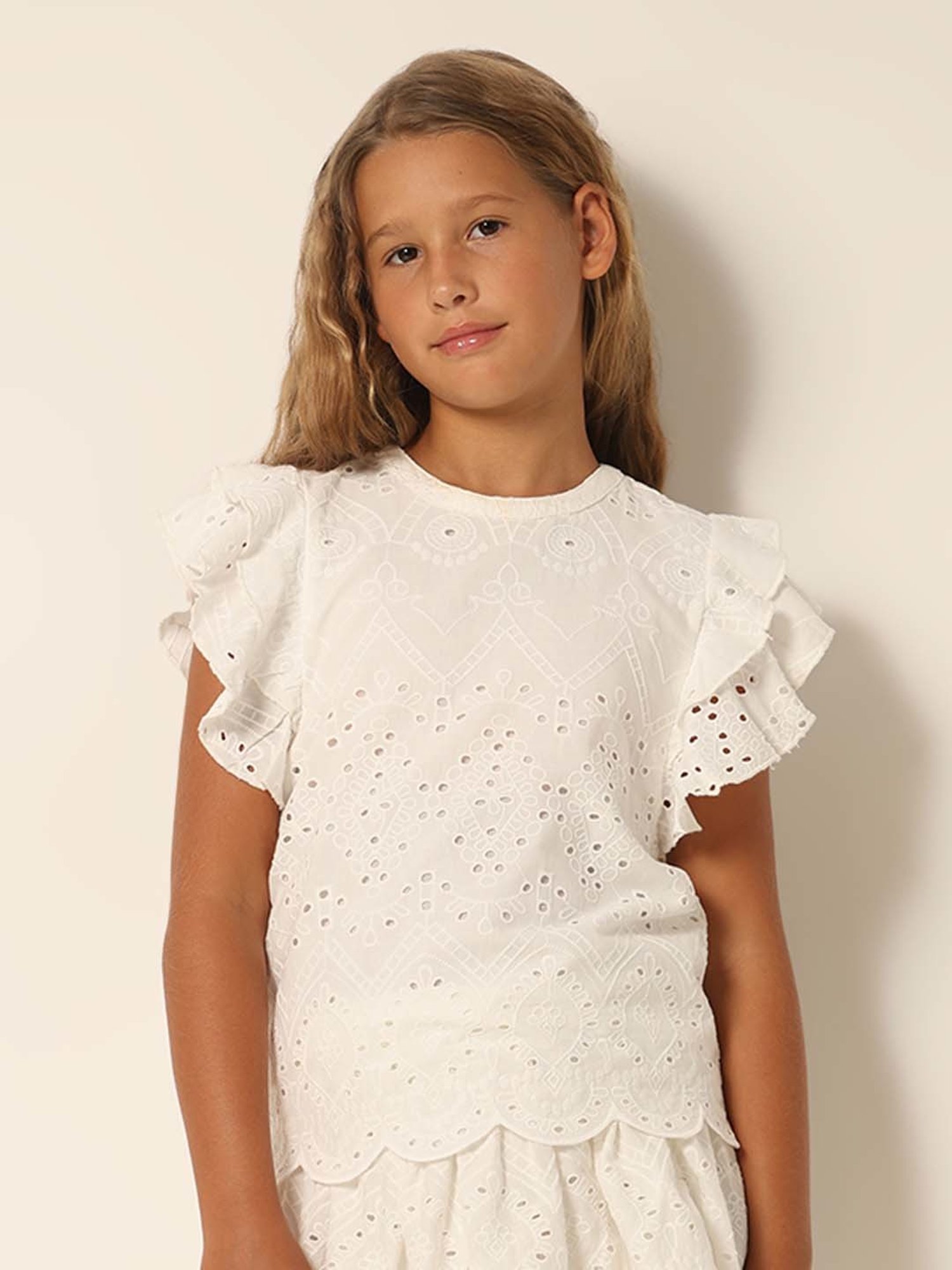 VERO MODA GIRL White Cotton Embroidered Top