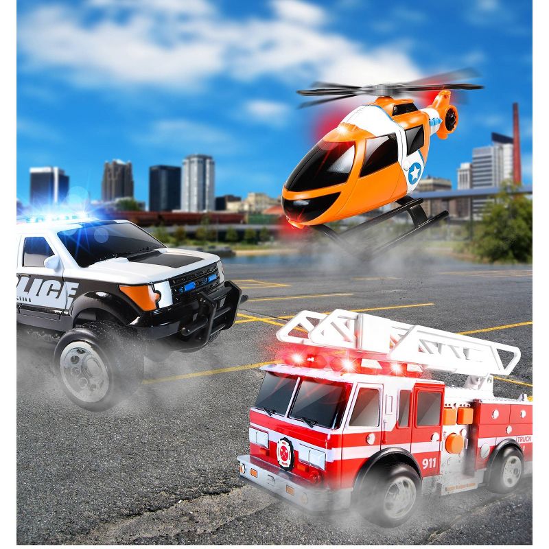 Maxx Action Mini Rescue Lights & Sounds Vehicles – Firetruck, Police Car and Helicopter - 3 pk