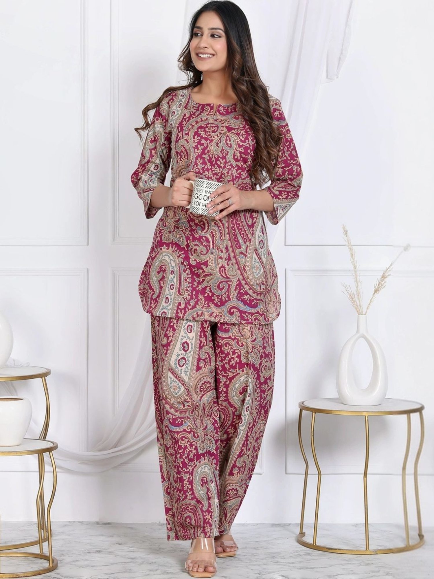 Kaftanize Crimson Paisley Printed Short Tunic with Pant