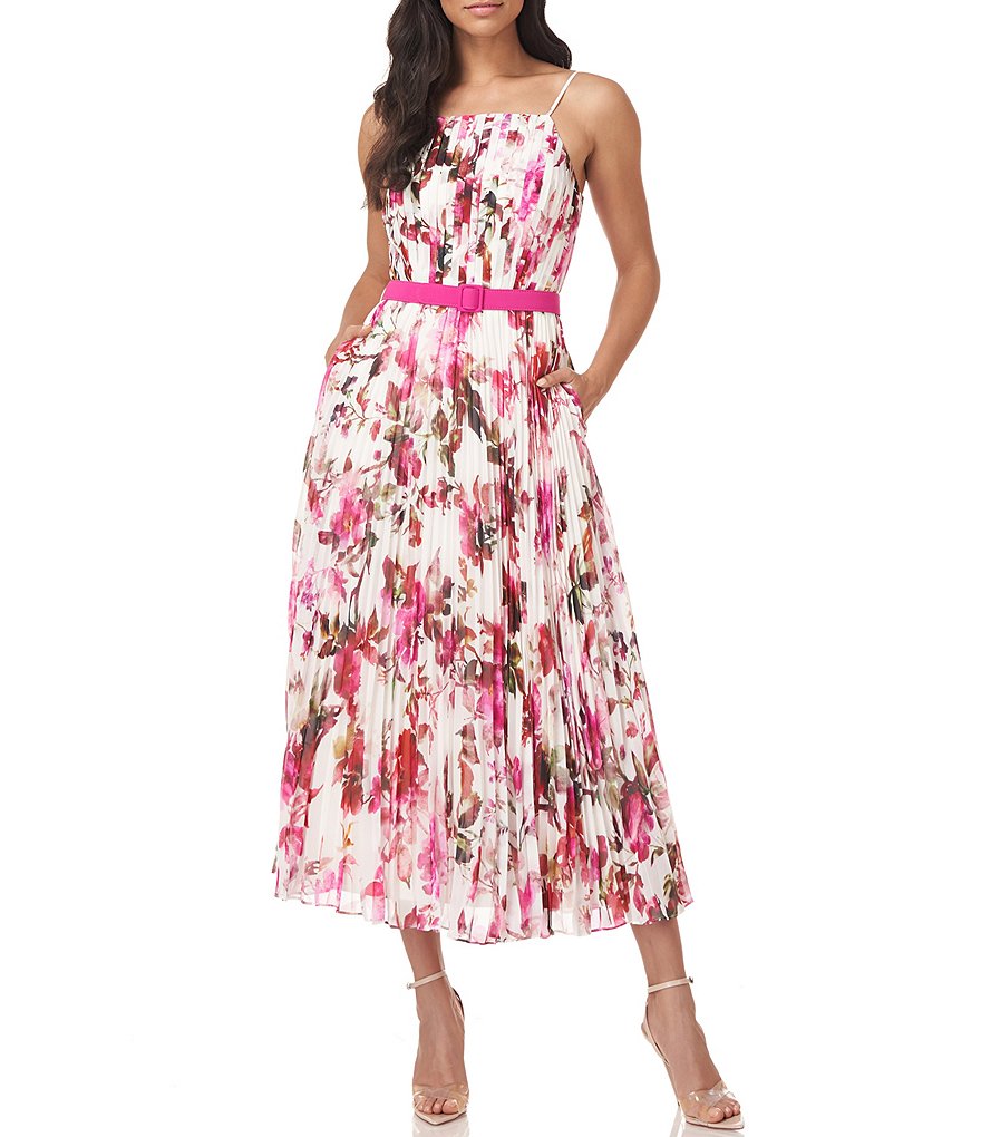 Kay Unger Sia Floral Apple Blossom Pleated Midi Dress