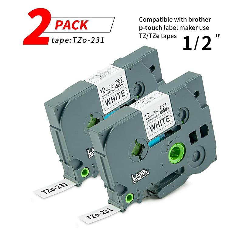 Compatible with Brother P-Touch Tape TZ231 TZe-231 12mm 0.47" Laminated Maker Tape for PT-110 PT-D210 PT-D600 PT-1280,Black on White,0.47 Inch x 26.2Feet(12mm x8m),2Pack