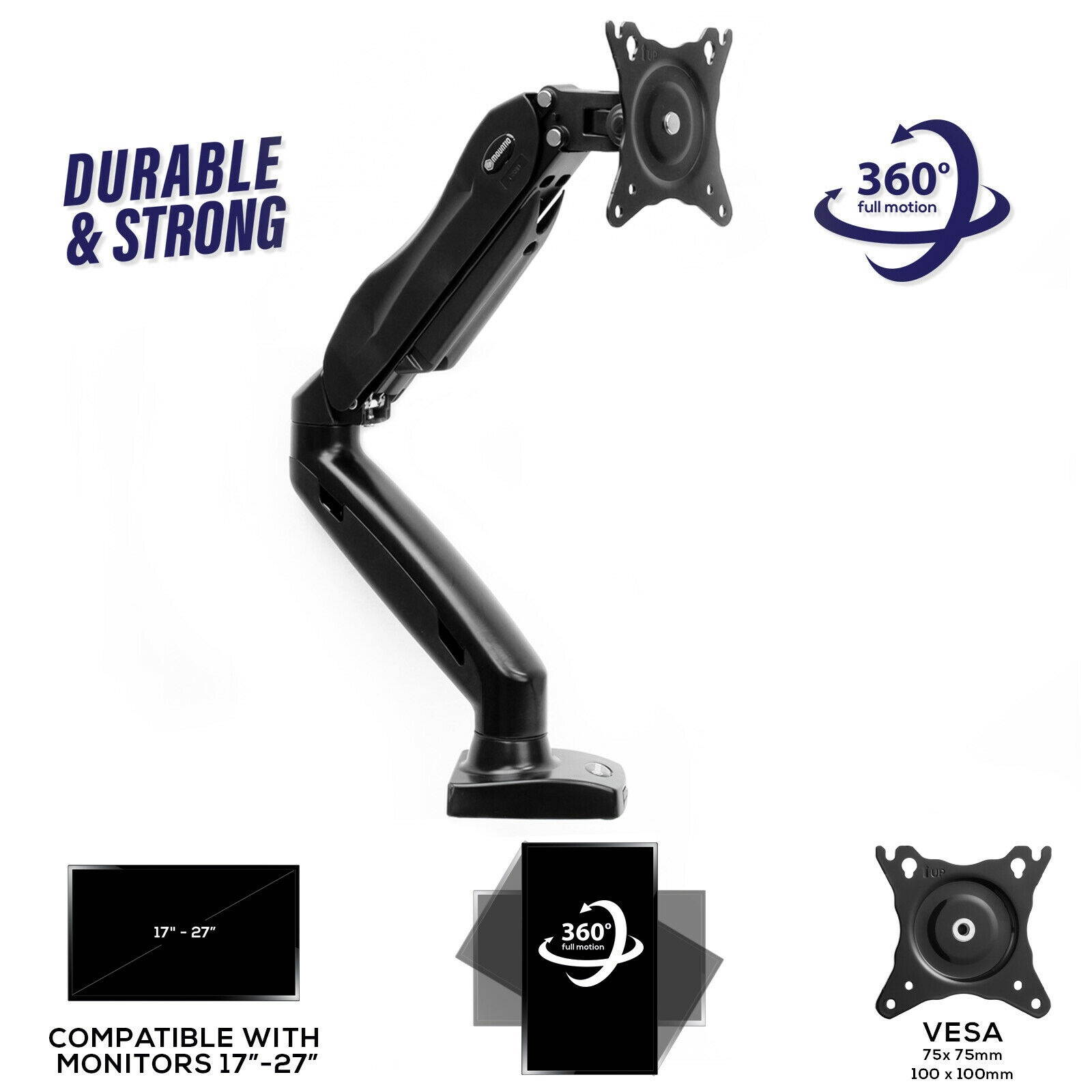 Full Motion LCD Monitor Arm Gas Spring Desk Mount for Screens up to 27"