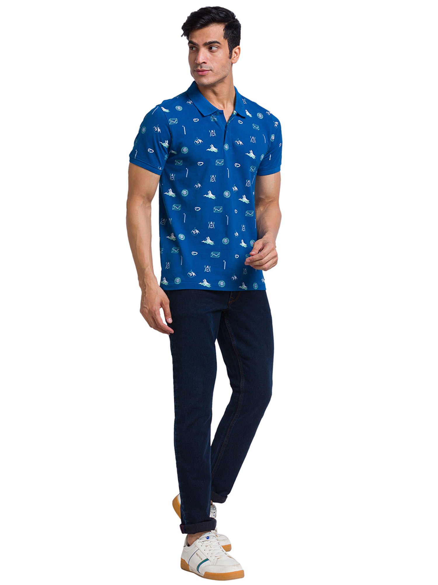 Parx Blue Regular Fit Printed Polo T-Shirt