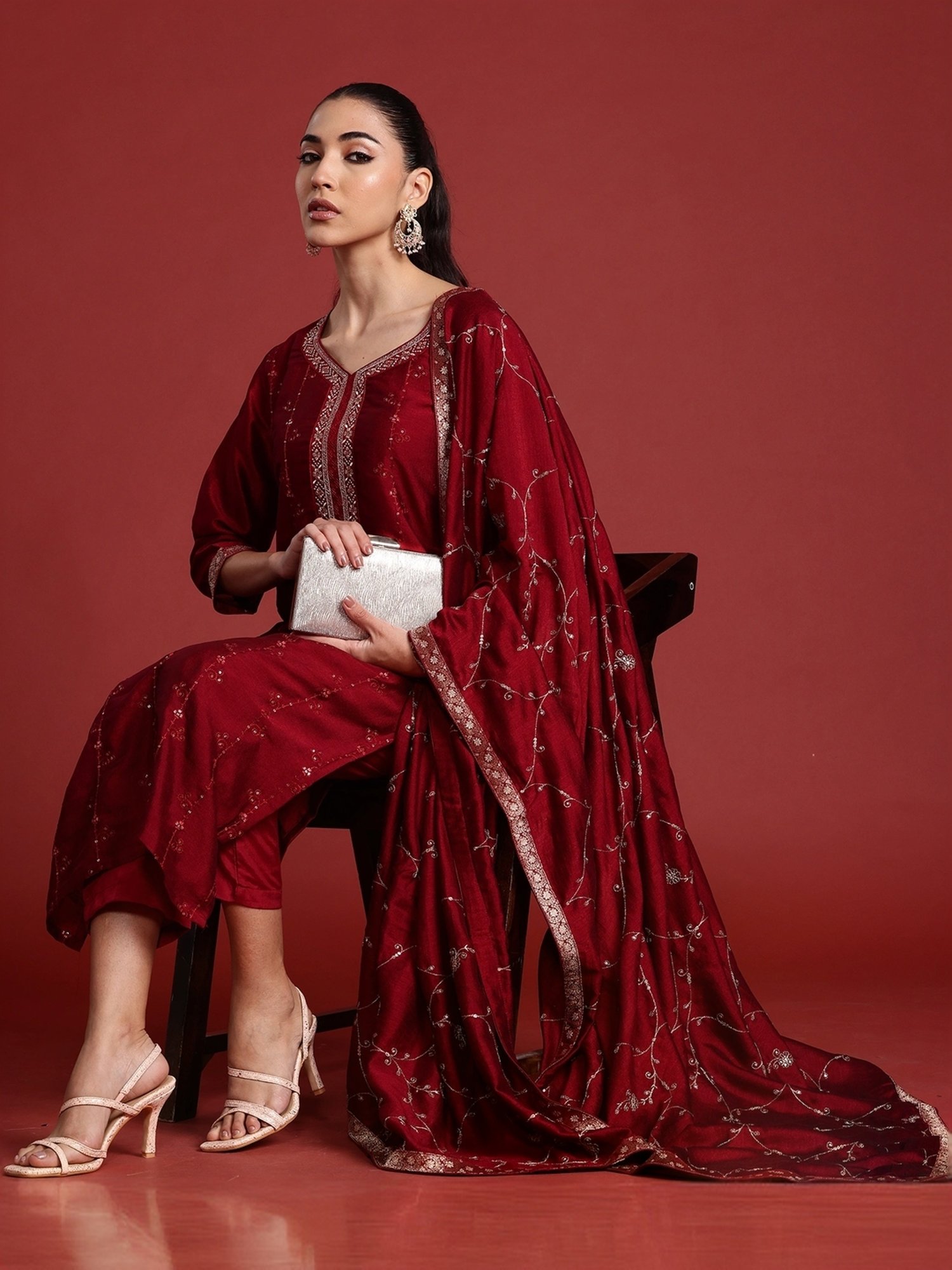 Indo Era Maroon Embroidered Kurta Pant Set With Dupatta