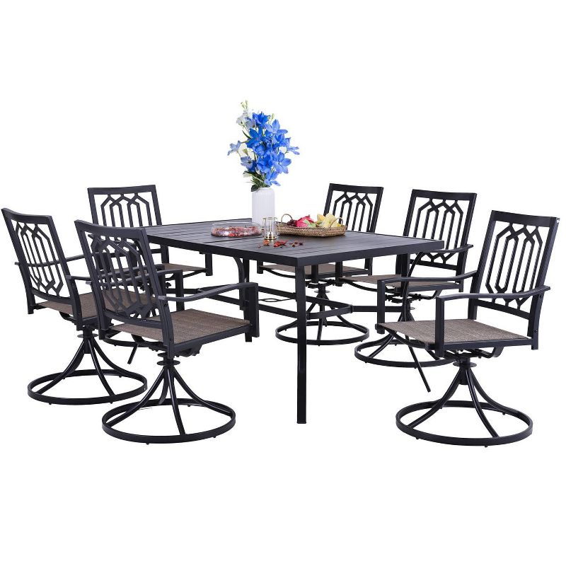7pc Patio Dining Set with Rectangle Table with 2.6" Umbrella Hole & 360 Swivel Sling Arm Chairs with Patterned Back - Captiva Designs