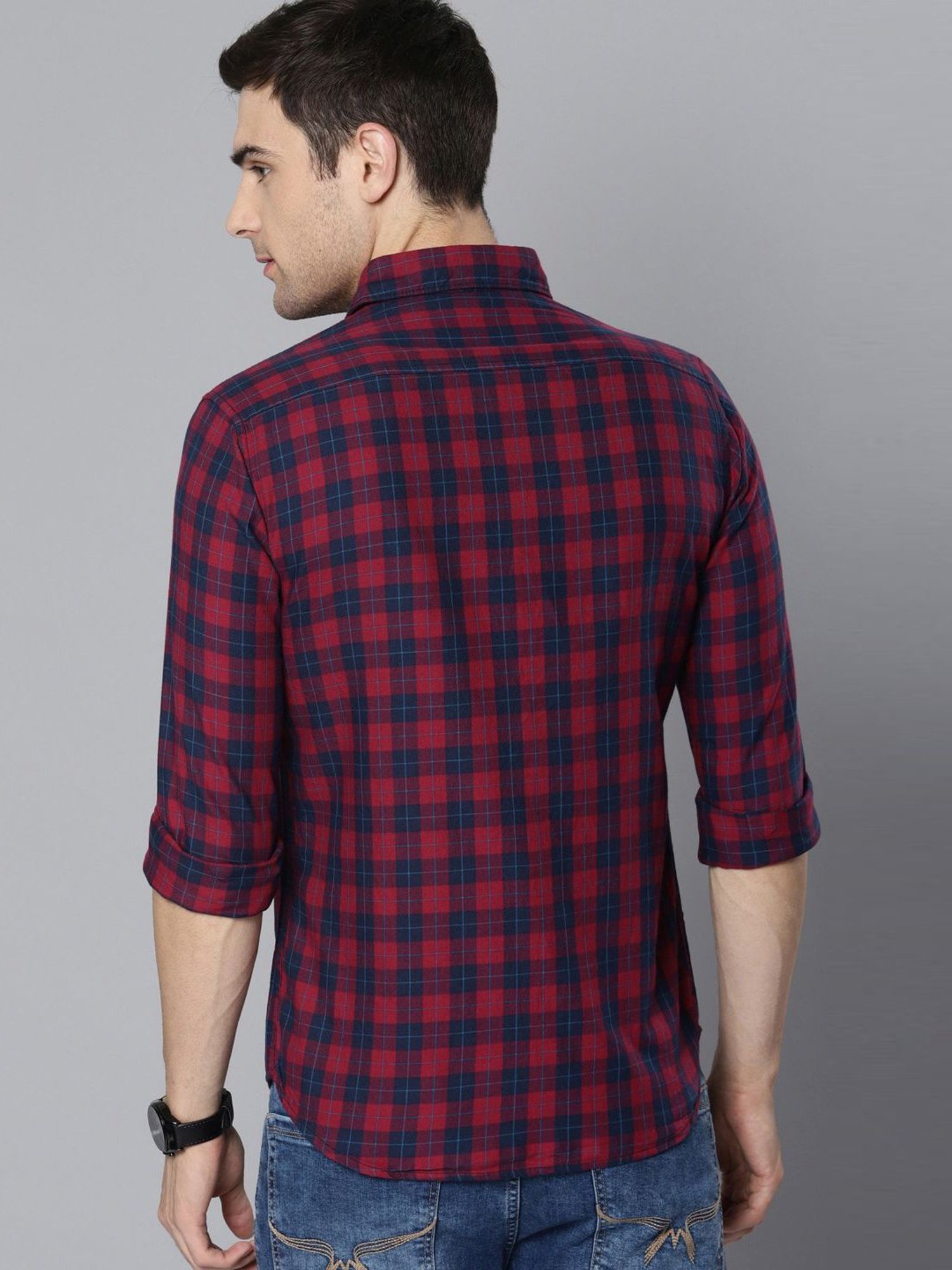 Dennis Lingo Red & Navy Cotton Slim Fit Checks Shirt