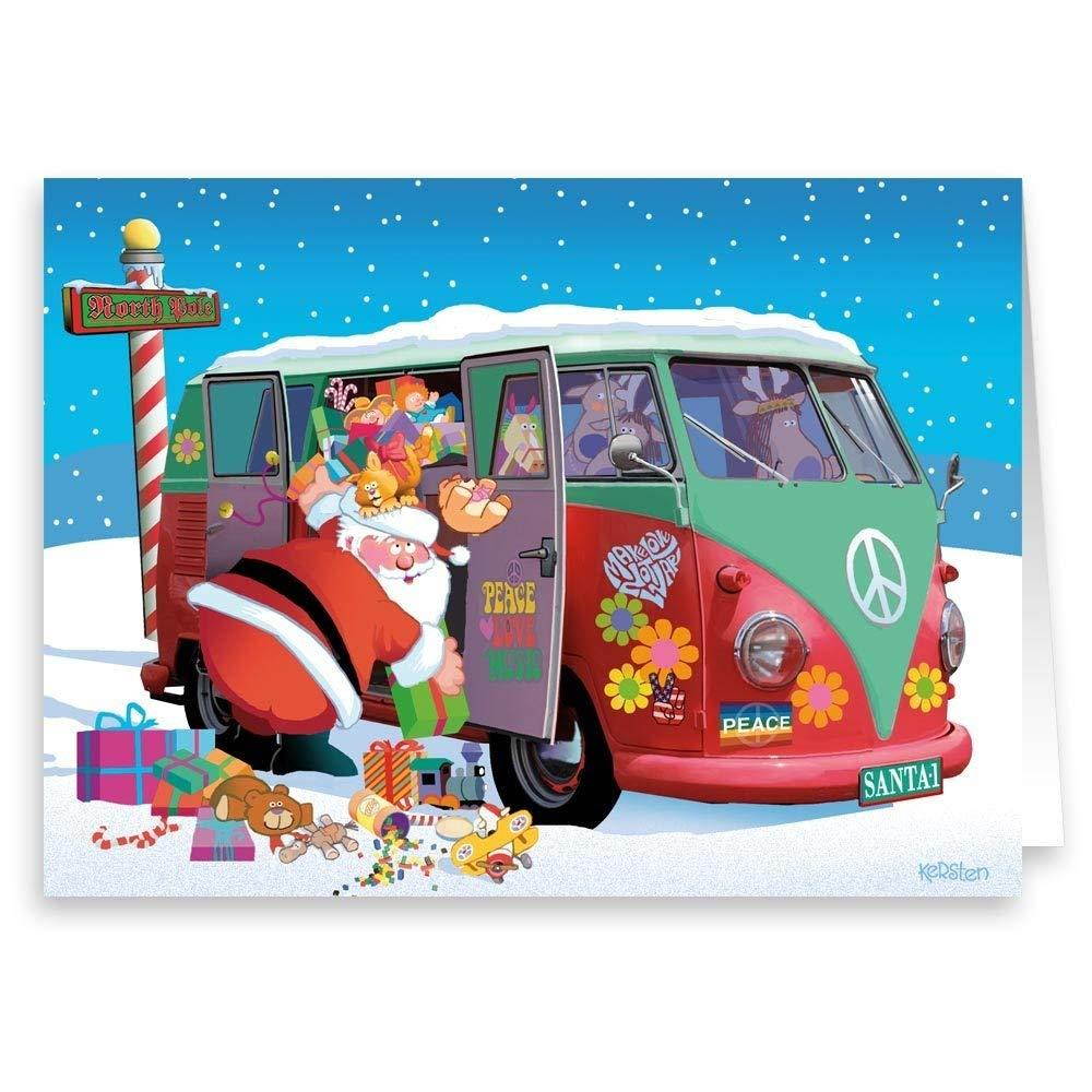 Santa Goes Retro - 18 Cards & Envelopes - Santa's Peace 1960's Peace Bus