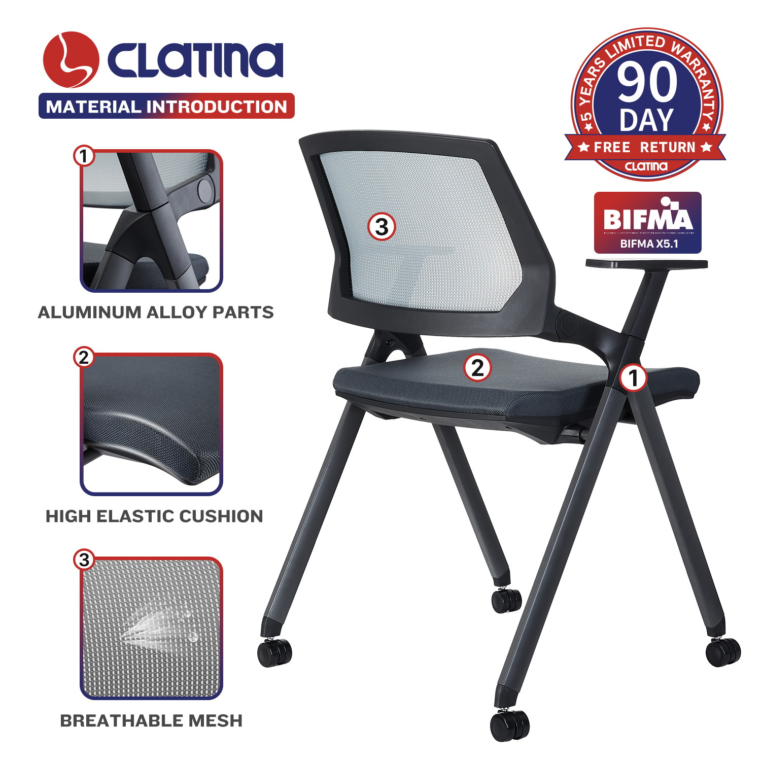 CLATINA Mesh Guest Reception Stack Chairs with Caster Wheels and Arms for Office School Church Conference Waiting Room Gray