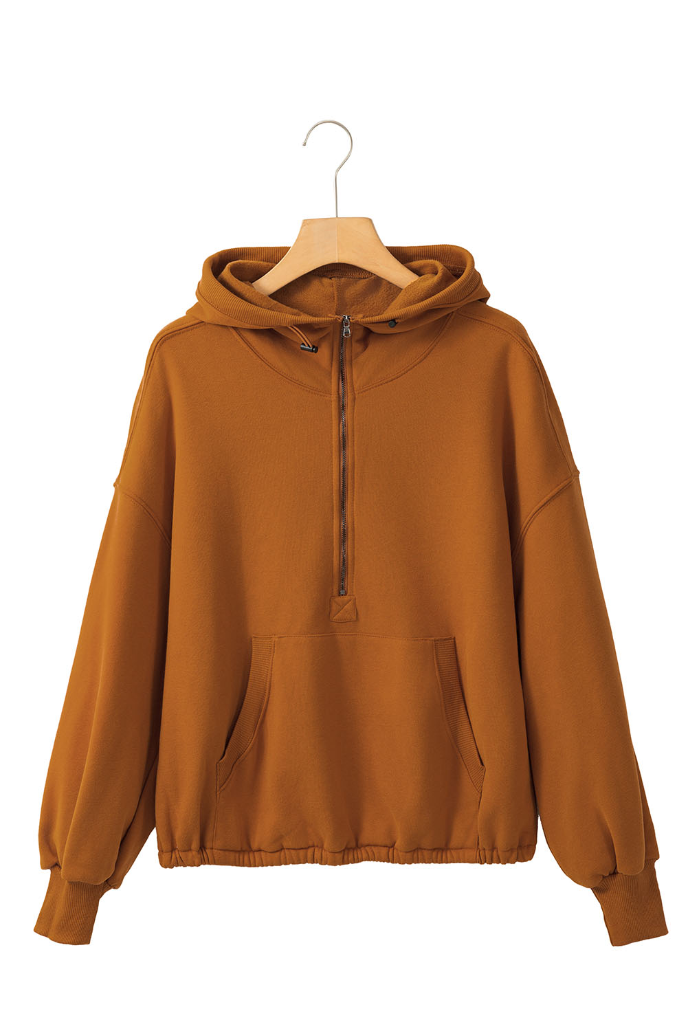 Brown Half Zip Pullover Hoodie with Kangaroo Pocket