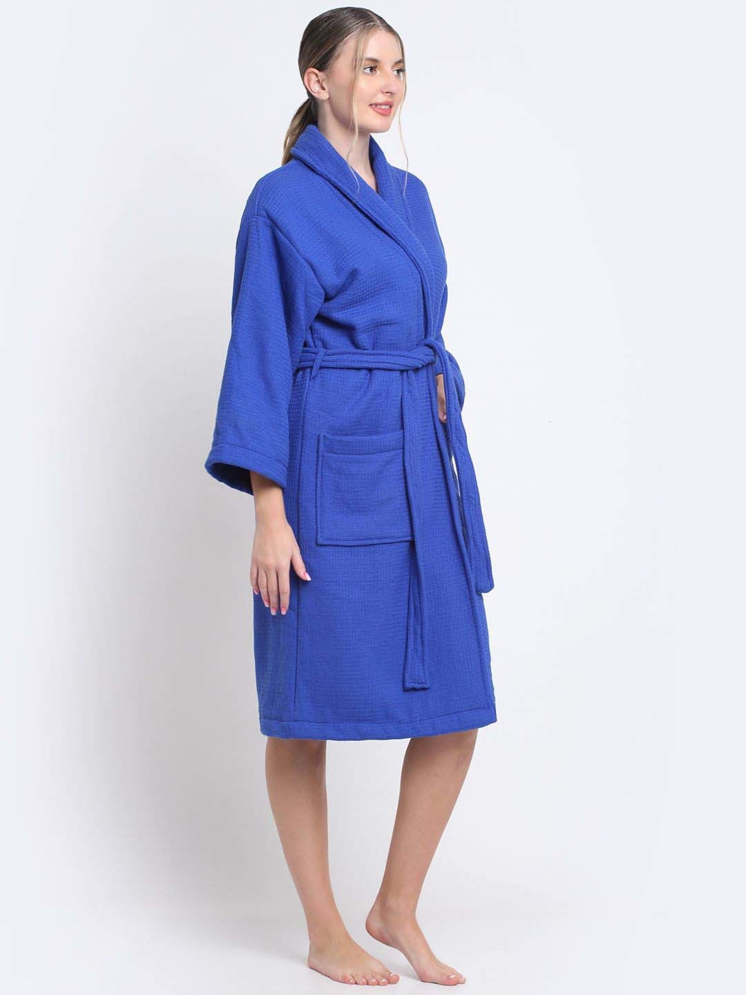 Creeva Everyday Red & Navy 225 GSM Micro Terry Bathrobe with Front Pocket & Kimono Collar