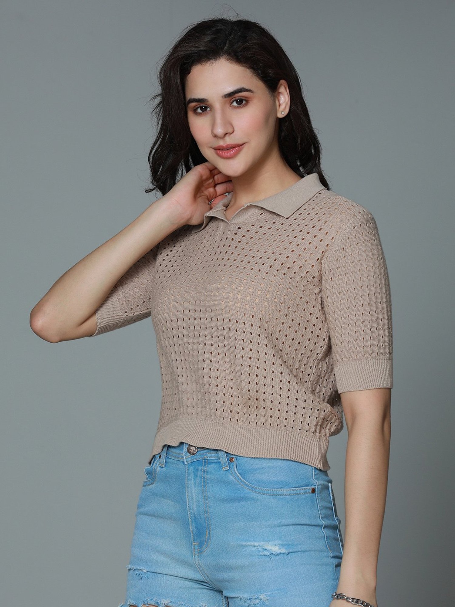 High Star Brown Cotton Self Design Top