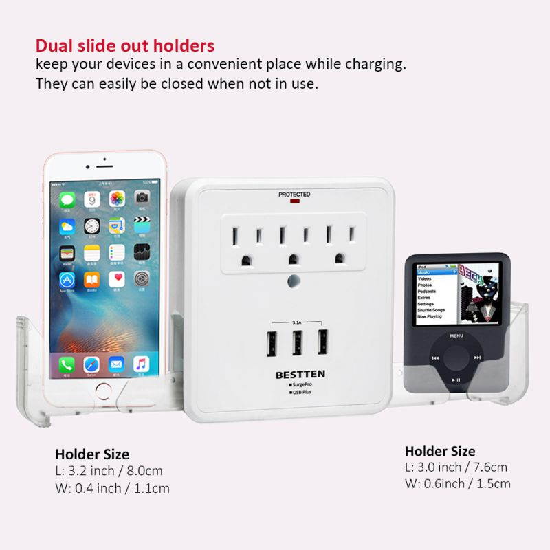 BESTTEN Cell Phone Charging Center, Triple 2.4A USB Charging Ports (3.1A Totally) with 2 Slide-Out Phone Holders for iPhone, iPad and Others, Wall Mount Design, ETL Certified, White