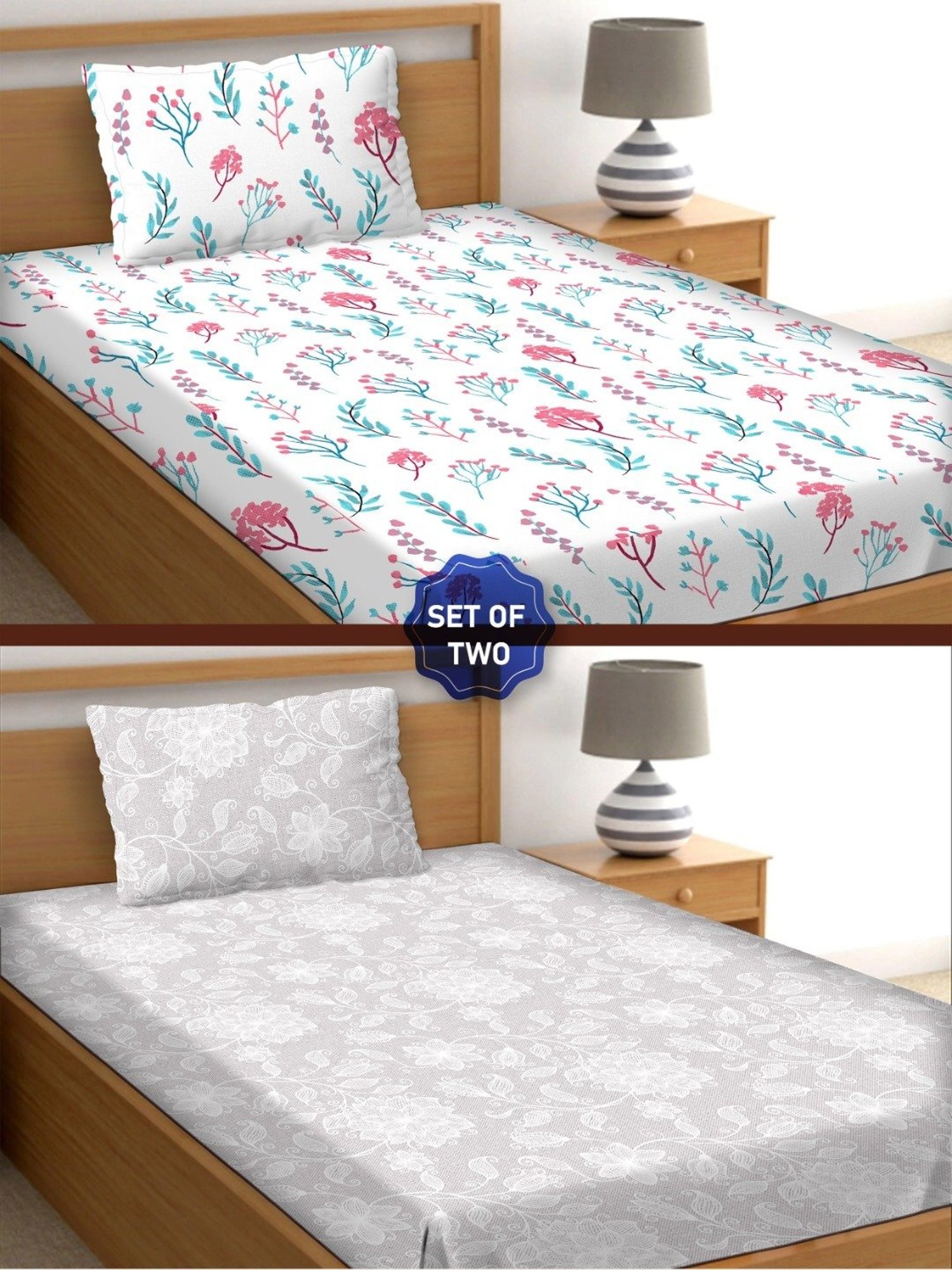 BELLA CASA Orra Printed Multicolor 180 TC Cotton Single 2 Bedsheet with 2 Pillow Covers