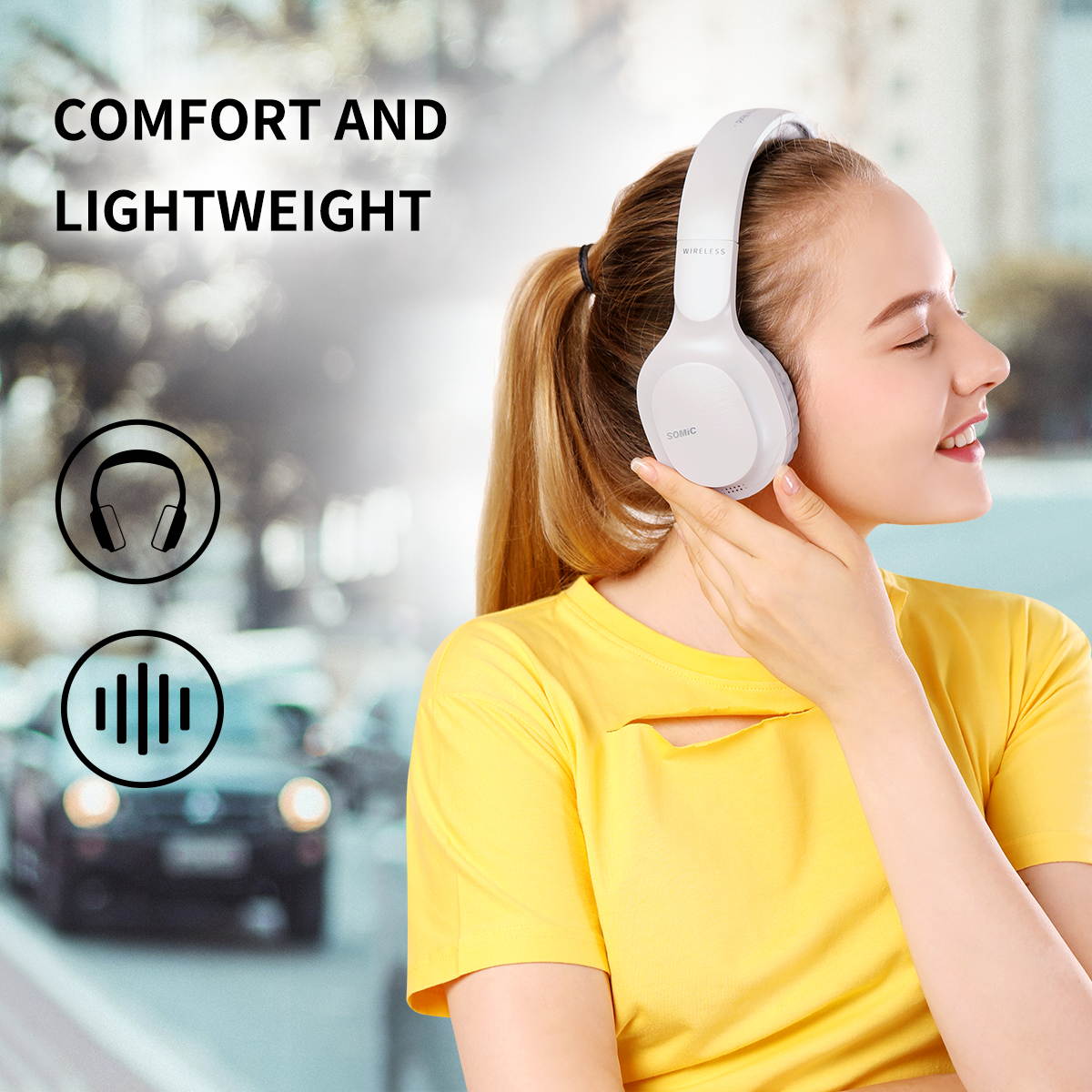 SOMiC Bluetooth Headphones Wireless 72H Playtime CVC8.0 Noise Reduction Hi-Res Certified Sound Headset Comfortable to Wear MS300