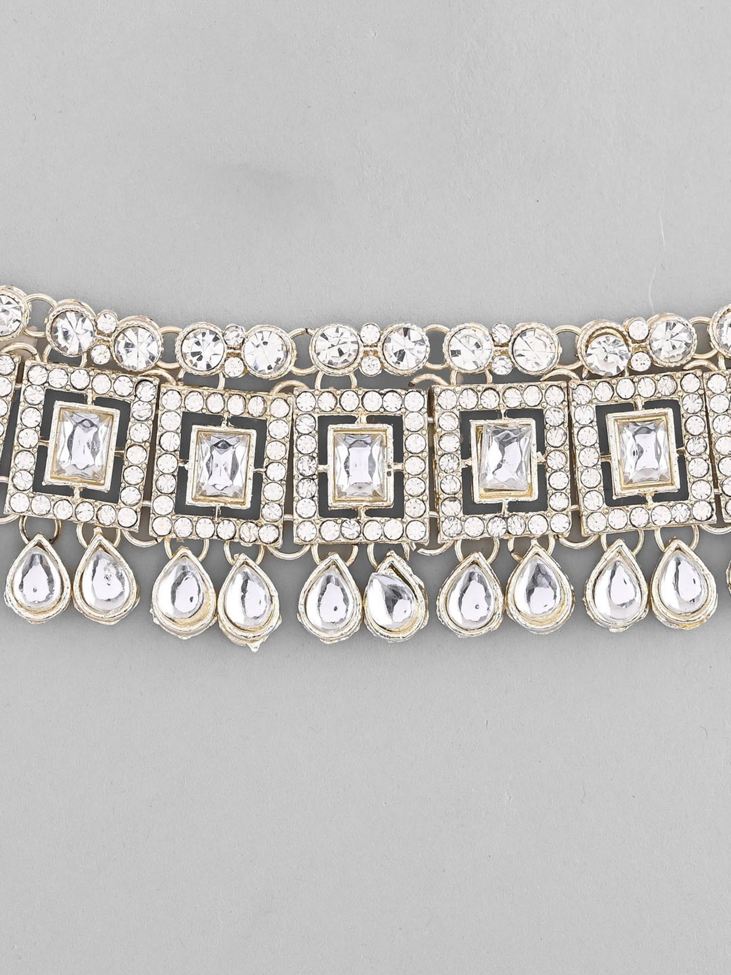 VOJ Silver Plated Stone Studded Designer Necklace with Earrings and Mangtikka for Women