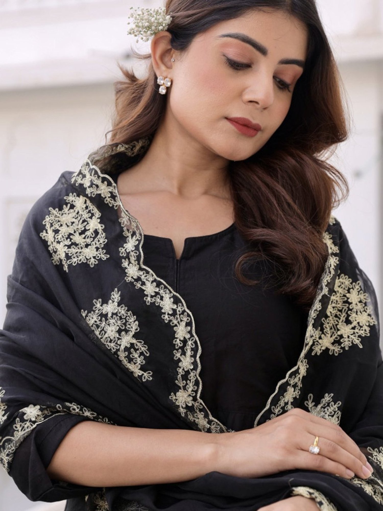 Asrumo Black Sukoon Summer Three Anarkali Kurta with Palazzo and Zari Work Organza Dupatta Set