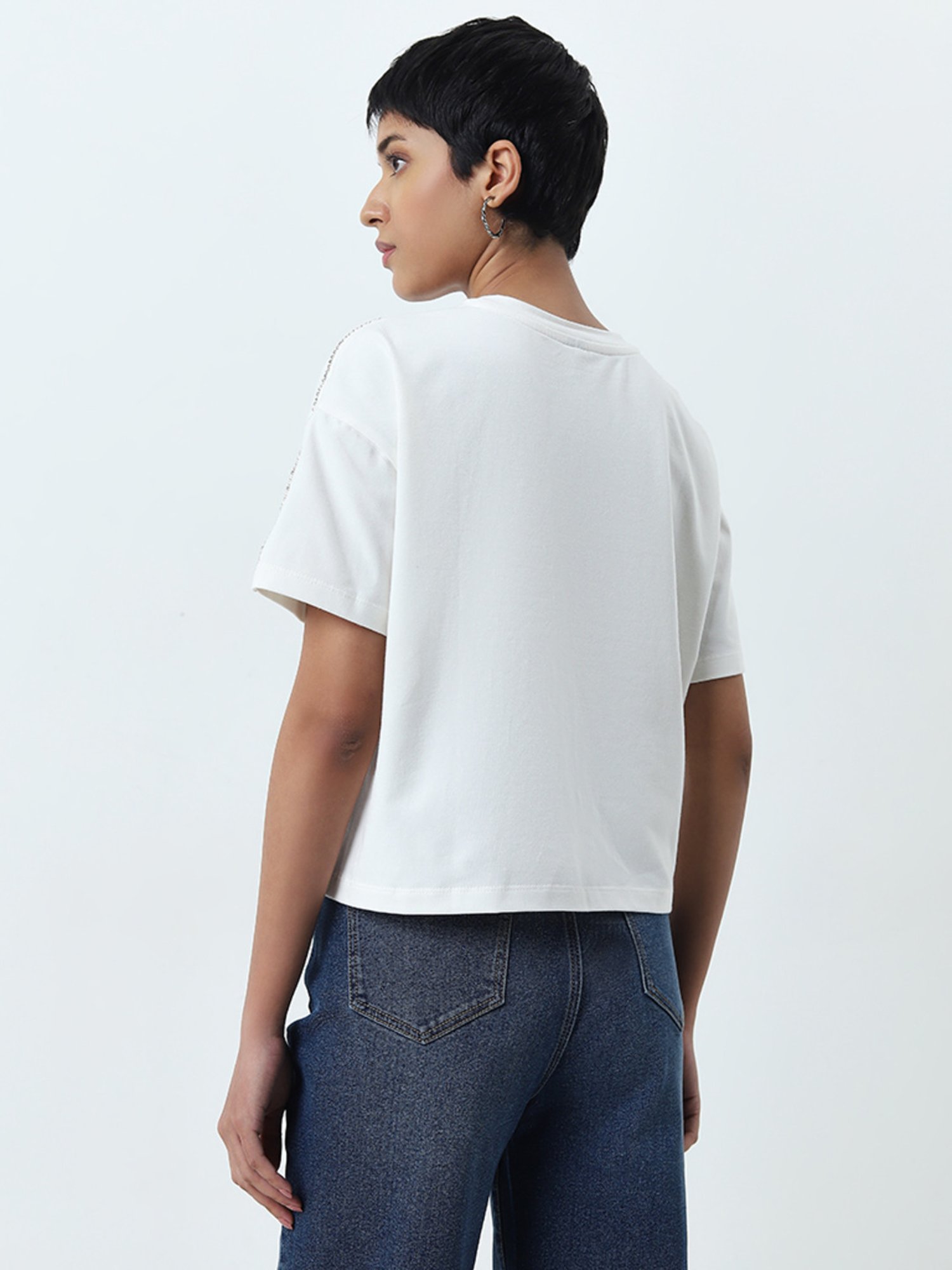 LOV by Westside White Diamante Embellished Cotton Blend T-Shirt