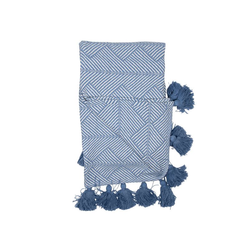 Blue Pattern Hand Woven 50 x 60 inch Cotton Throw Blanket with Hand Tied Tassels - Foreside Home & Garden