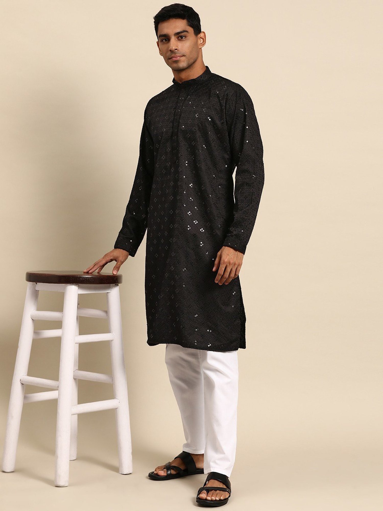 ManQ Black & White Regular Fit Embroidered Kurta Bottom Set