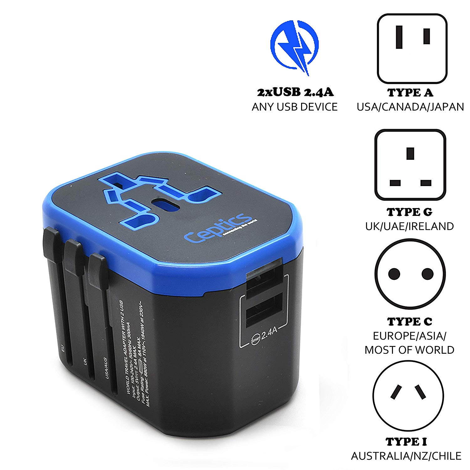 All-In-One International Travel Plug Adapter - 2 USB Ports (UP-8KU)