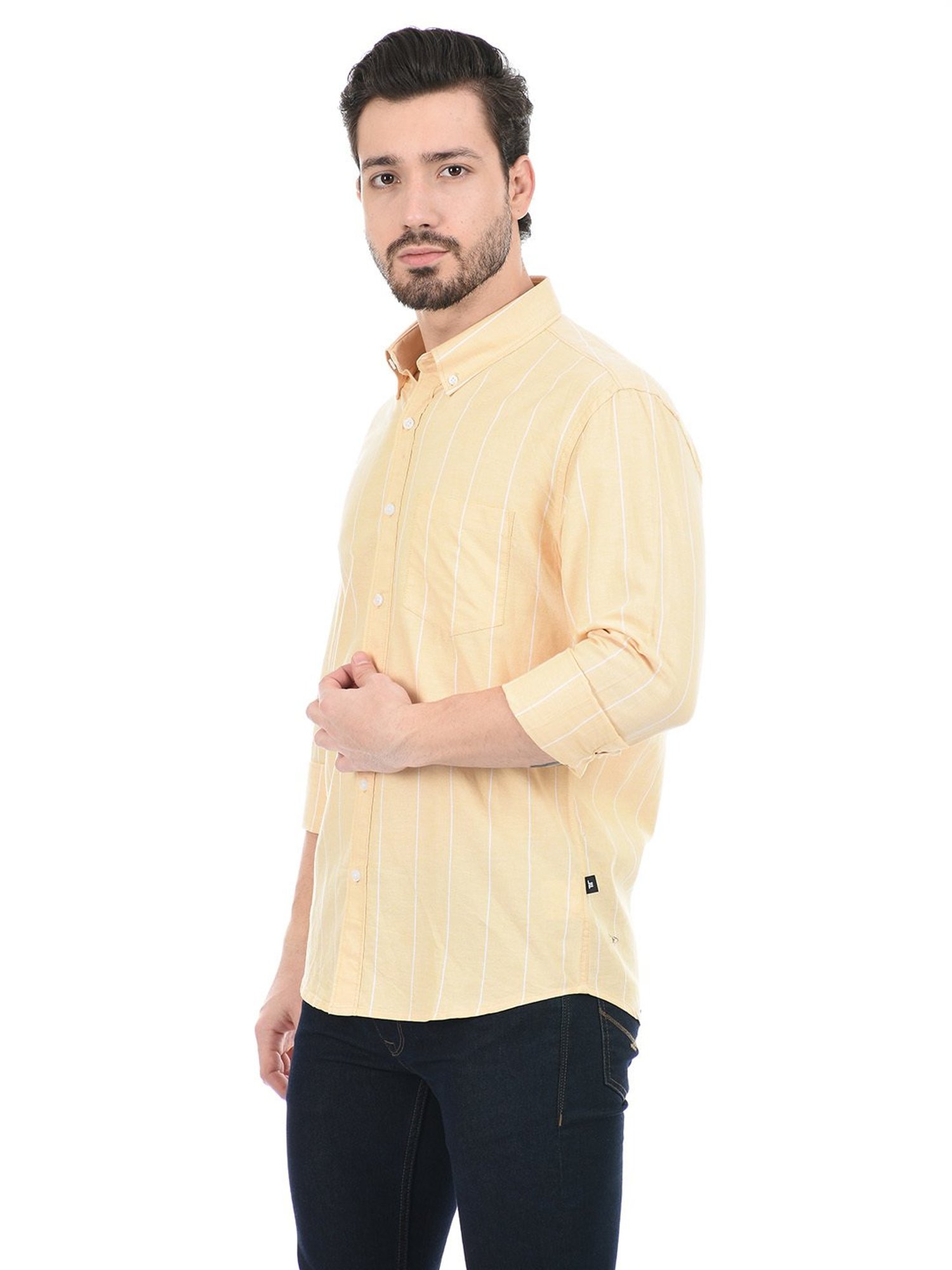 London Fog Light Yellow Regular Fit Striped Cotton Shirt