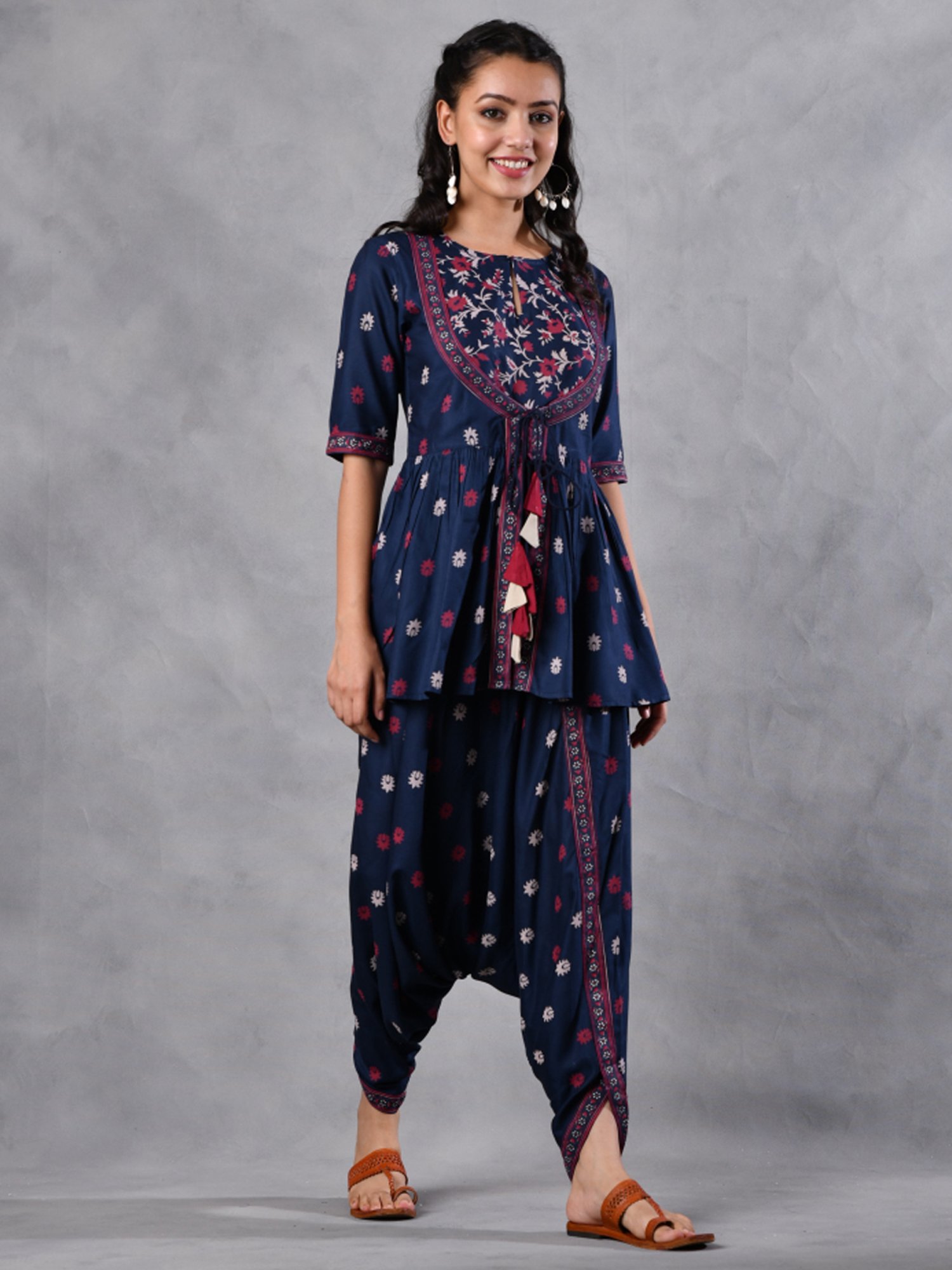 Rustorange Blue Printed Tunic Dhoti Set