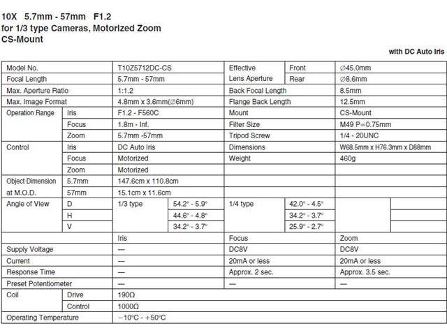 Computar Ganz High Quality CCTV Camera Lens T10Z5712DC 1/3" 5.7-57mm f1.2 10X Motorized Zoom, DC Auto Iris w/ 4-pin mini connector (CS Mount)