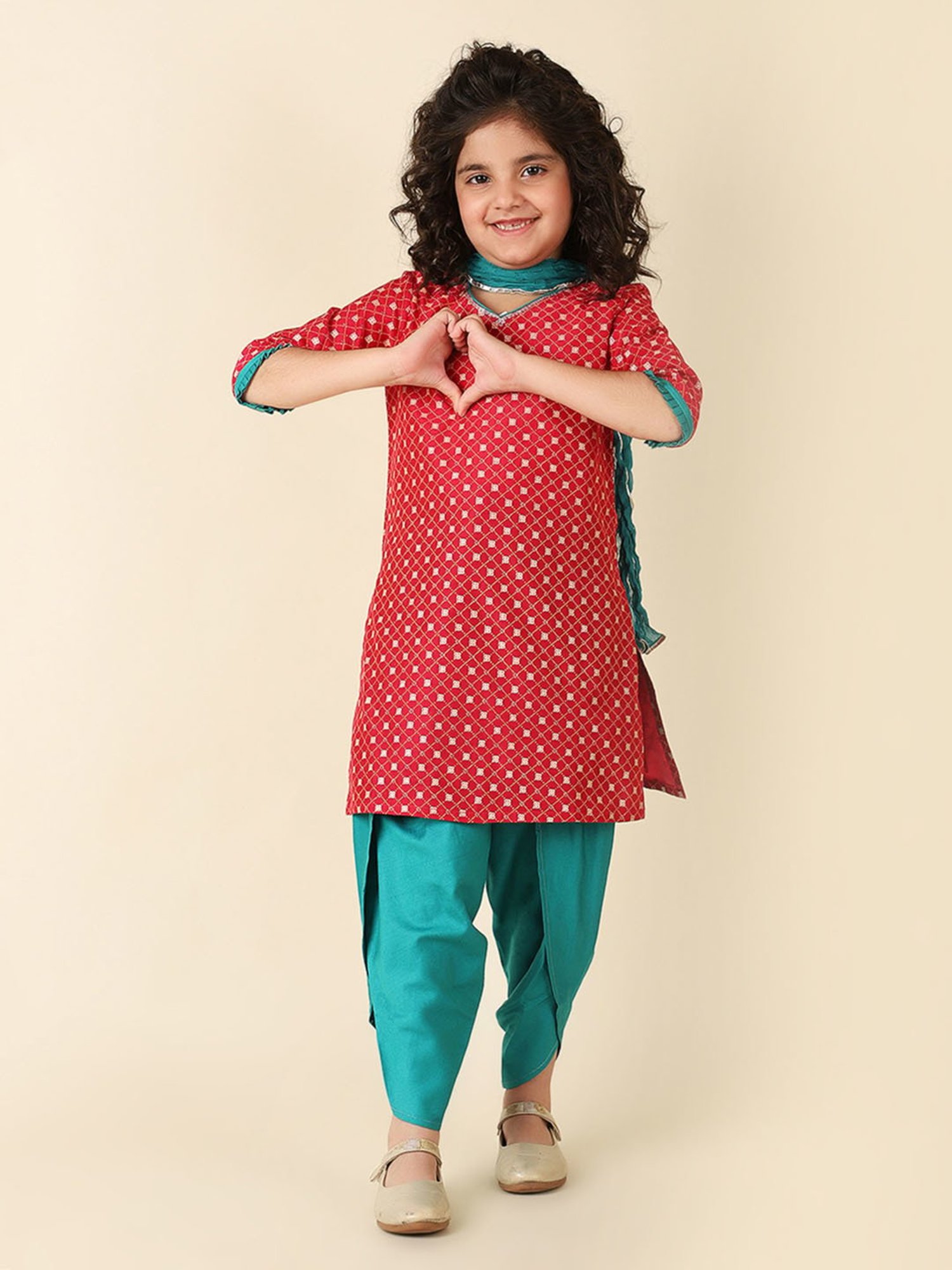 Fabindia Kids Magenta & Green Printed Kurta, Dhoti with Dupatta
