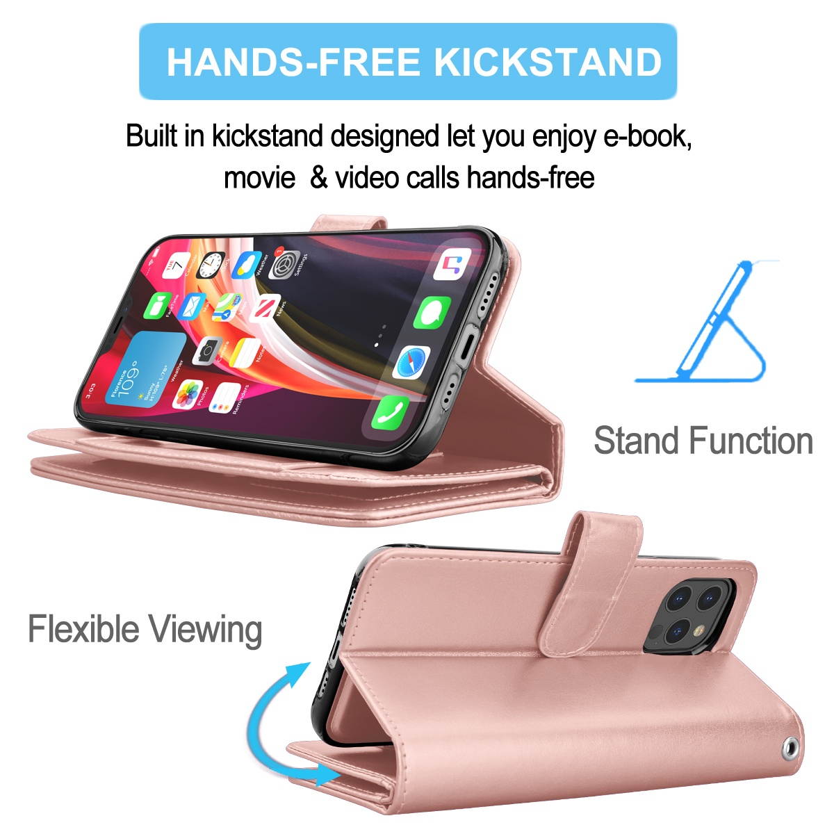 iPhone 12 Case, 6.1" Apple iPhone 12 Pro Wallet Case, Tekcoo PU Leather Case Cash ID Credit Card Slots Holder Carrying Flip Phone Case Cover Kickstand Detachable Magnetic Hard Cases & Strap,Rose Gold