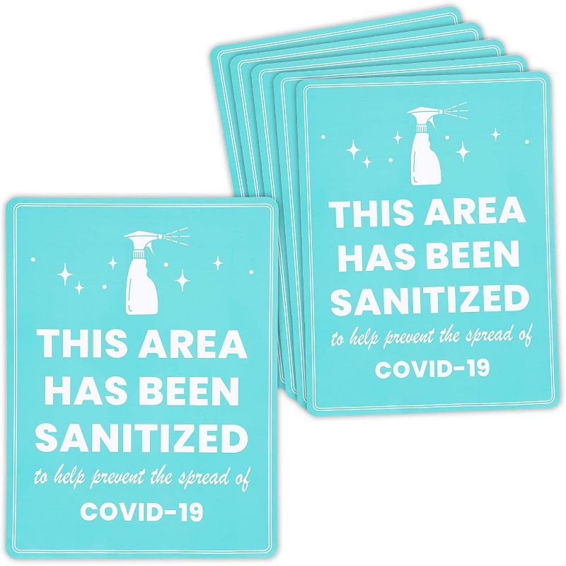 6-Pack Safety Sticker Decal Sign of This Area Has Been Sanitized (9x12, Letter Sized, Aqua Blue)