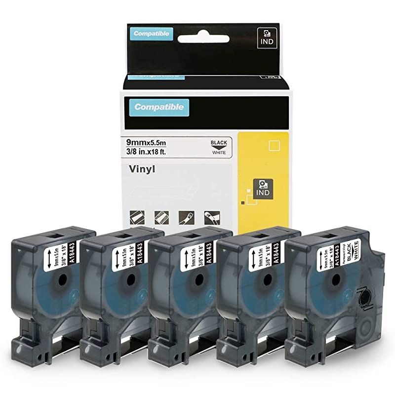 Compatible Label Tape Replacement for DYMO 18443 Permanent Vinyl Industrial Label Tape for DYMO Label Maker Rhino 5200 4200 6000 5000, 3/8 Inch x 18 Feet, Black on White, 5-Pack