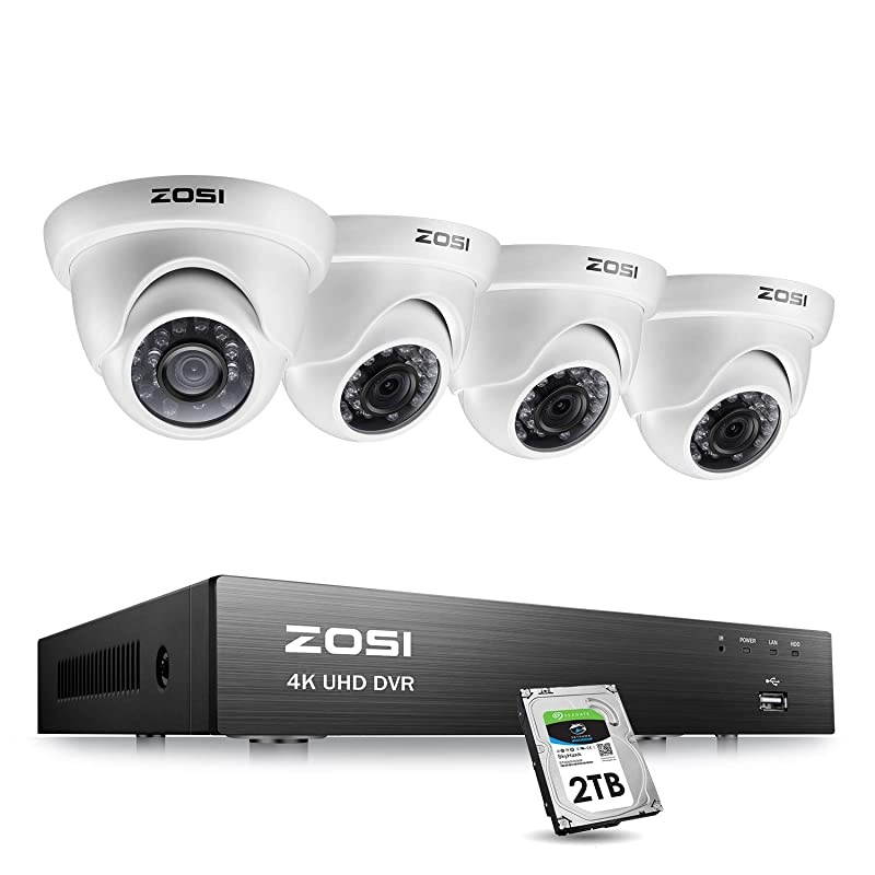 4K Ultra HD Security Cameras System with 2TB Hard Drive, 8Channel H.265+ 4K (3840x2160) Video DVR and 4PCS 4K (8MP) Indoor Outdoor Home Surveillance Dome CCTV Cameras with 150ft Night Vision