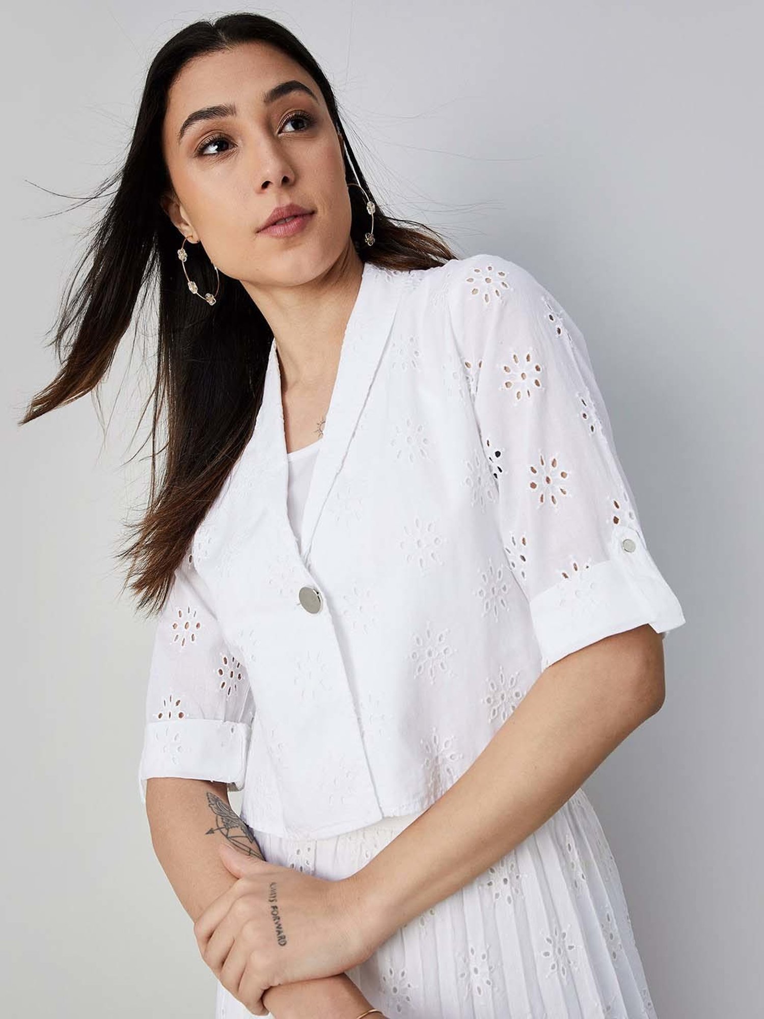 Code by Lifestyle Off-White Cotton Self Pattern Shrug