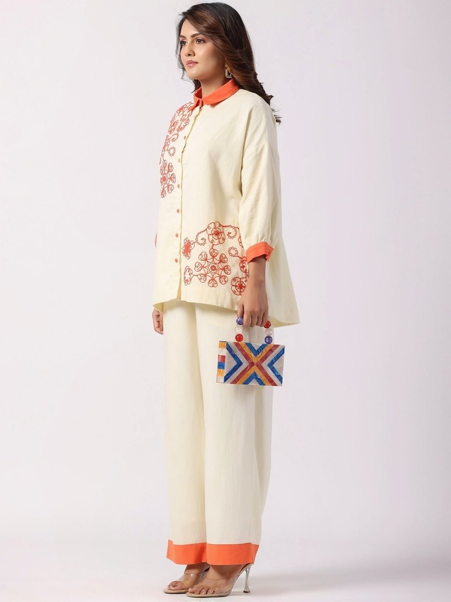 Zolo Label Beige Embroidered Shirt Palazzo Set