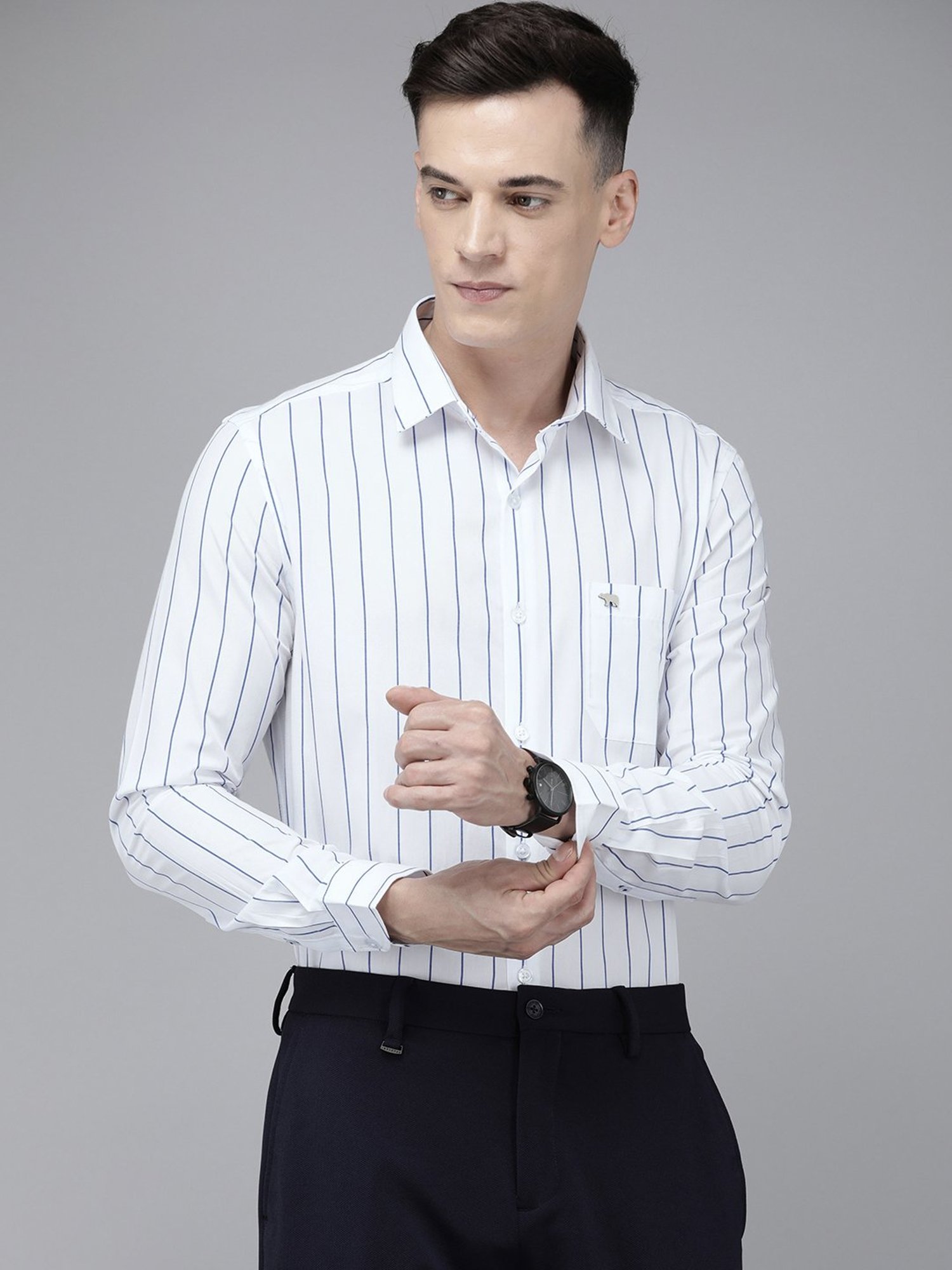 The Bear House White Slim Fit Striped Cotton Shirt