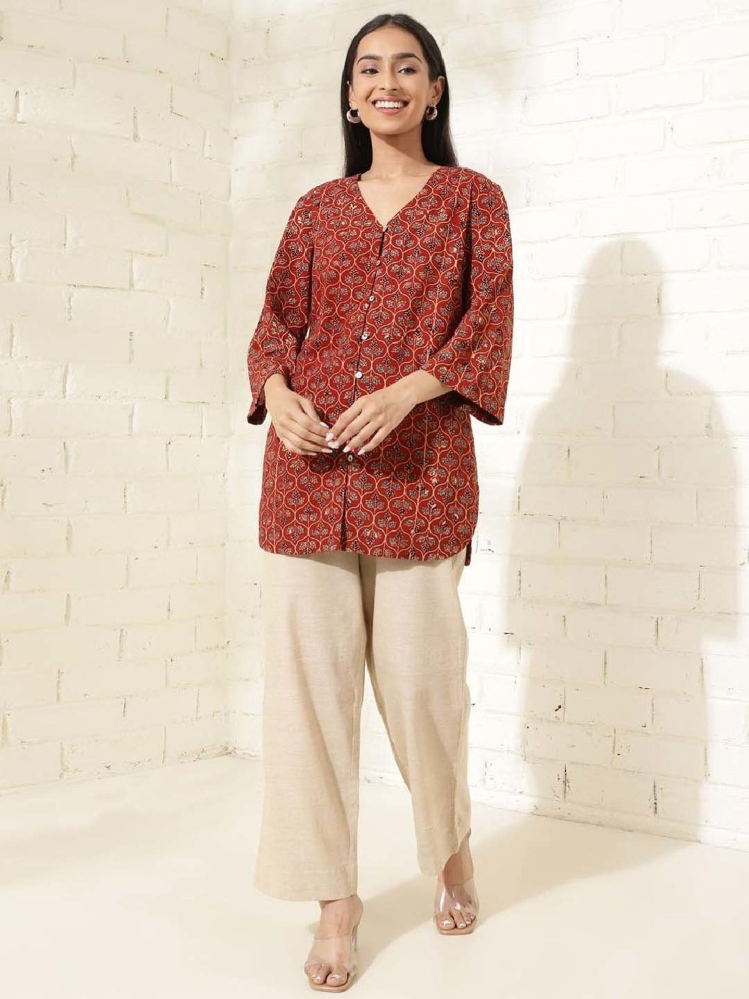 Fabindia Red Cotton Printed Top