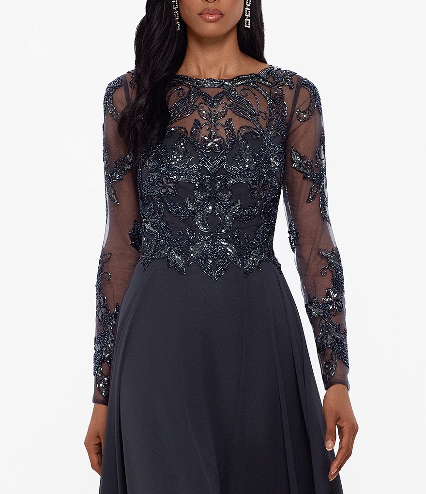 Xscape Jewel Neck Long Sleeve Beaded Bodice Chiffon Gown