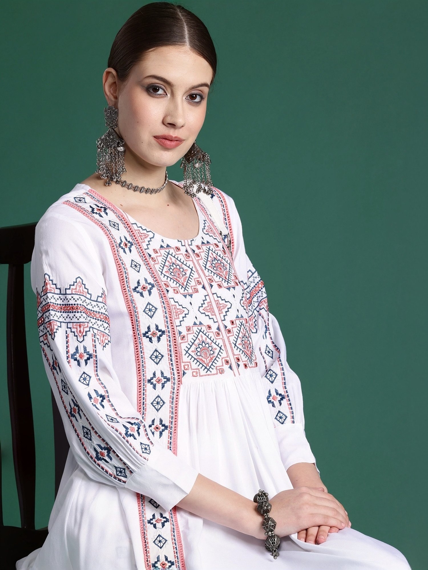 Indo Era White Embroidered Kurti Pant Set